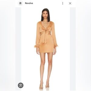 Revolve Camila Coelho Krista Tie Front Feather Sleeve Gold Mini Dress NWT XS
